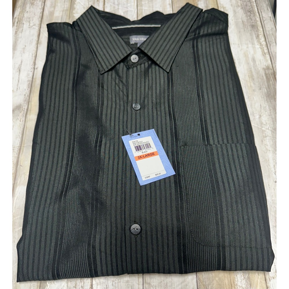 Van Heusen Air Sandwashed Black Striped Cooling Short Sleeve Camp Shirt 3XL